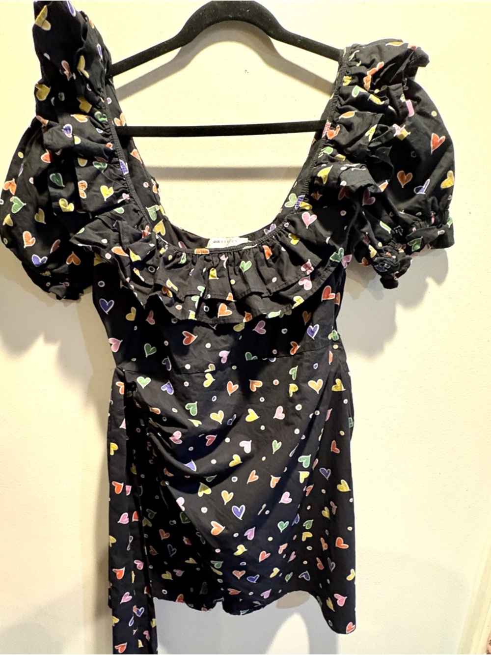 ASOS Black Mini Dress with side Belt wrap Multicolor Heart ❤️ Puff Sleeves